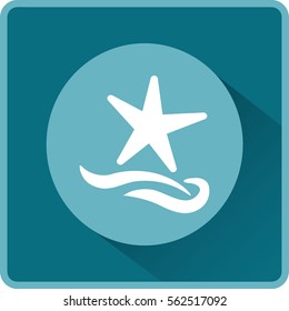 Flat icon. Starfish and sea. Waves. Recreation .