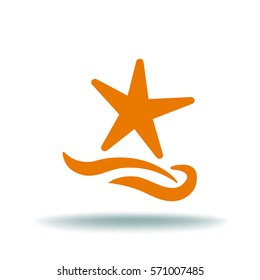 Flat icon. Starfish and sea. Waves. Recreation .