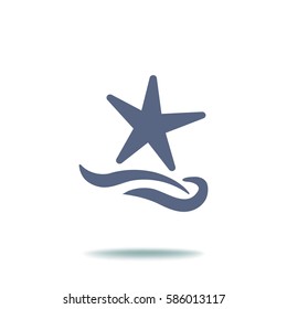 Flat icon. Starfish and sea. Waves. Recreation .