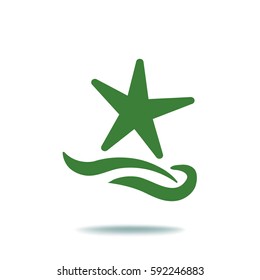 Flat icon. Starfish and sea. Waves. Recreation .