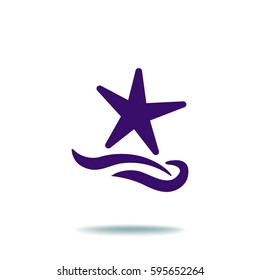 Flat icon. Starfish and sea. Waves. Recreation .