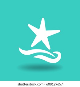 Flat icon. Starfish and sea. Waves. Recreation .