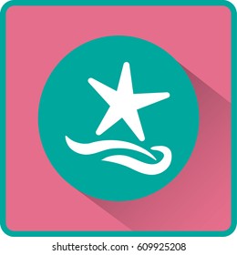 Flat icon. Starfish and sea. Waves. Recreation .