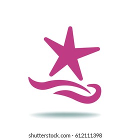 Flat icon. Starfish and sea. Waves. Recreation .