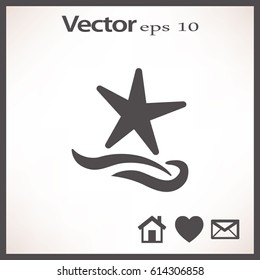 Flat icon. Starfish and sea. Waves. Recreation .