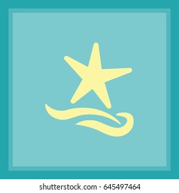 Flat icon. Starfish and sea. Waves. Recreation .