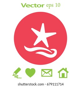 Flat icon. Starfish and sea. Waves. Recreation .