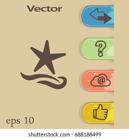 Flat icon. Starfish and sea. Waves. Recreation .