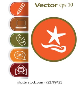 Flat icon. Starfish and sea. Waves. Recreation .