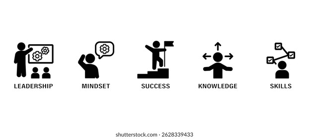 Flat icon of Startup and development, containing leadership, mindset, success, knowledge and skills vector icon set in transparent background. Icon set of Development.