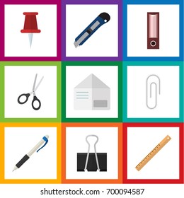Flat Icon Stationery Set Of Clippers, Pencil, Straightedge And Other Vector Objects. Also Includes Letter, Pencil, Knife Elements.