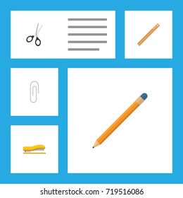 Flat Icon Stationery Set Of Clippers, Fastener Page, Supplies And Other Vector Objects. Also Includes Straightedge, Tool, Drawing Elements.