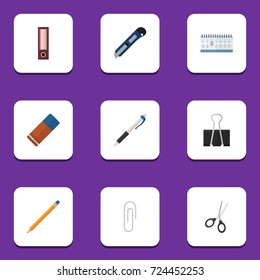 Flat Icon Stationery Set Of Clippers, Rubber, Dossier And Other Vector Objects. Also Includes Cutting, Eraser, Paper Elements.