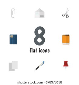Flat Icon Stationery Set Of Copybook, Notepaper, Pencil And Other Vector Objects. Also Includes Notebook, Scissors, Notepaper Elements.