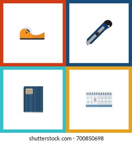 Flat Icon Stationery Set Of Copybook, Sticky, Date Block And Other Vector Objects. Also Includes Copybook, Notebook, Cutter Elements.