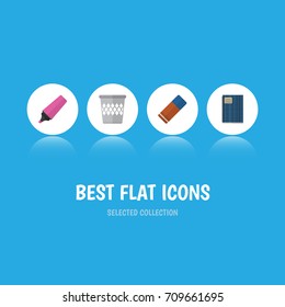 Flat Icon Stationery Set Of Copybook, Rubber, Trashcan And Other Vector Objects. Also Includes Rubber, Trashcan, Tool Elements.