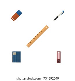Flat Icon Stationery Set Of Copybook, Rubber, Pencil And Other Vector Objects. Also Includes Notebook, Notepad, Write Elements.