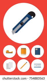Flat Icon Stationery Set Of Copybook, Knife, Sheets And Other Vector Objects. Also Includes Notepaper, Tool, Pencil Elements.