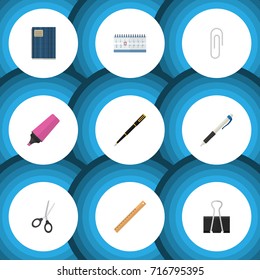 Flat Icon Stationery Set Of Date Block, Nib Pen, Clippers And Other Vector Objects. Also Includes Tool, Notepad, Notebook Elements.