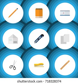 Flat Icon Stationery Set Of Date Block, Clippers, Drawing Tool And Other Vector Objects. Also Includes Notepaper, Almanac, Date Elements.