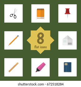 Flat Icon Stationery Set Of Drawing Tool, Straightedge, Pushpin And Other Vector Objects. Also Includes Ruler, Cutting, Clippers Elements.