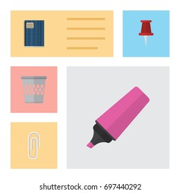 Flat Icon Stationery Set Of Fastener Page, Copybook, Pushpin And Other Vector Objects. Also Includes Notepad, Fastener, Trashcan Elements.