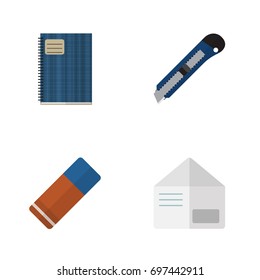 Flat Icon Stationery Set Of Letter, Copybook, Knife And Other Vector Objects. Also Includes Rubber, Blade, Delete Elements.