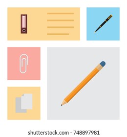 Flat Icon Stationery Set Of Nib Pen, Sheets, Drawing Tool And Other Vector Objects. Also Includes Pencil, Binder, Tool Elements.
