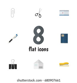 Flat Icon Stationery Set Of Paper Clip, Fastener Page, Copybook And Other Vector Objects. Also Includes Cutting, Notebook, Letter Elements.