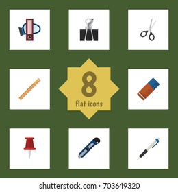 Flat Icon Stationery Set Of Paper Clip, Pencil, Straightedge And Other Vector Objects. Also Includes Measure, Cutter, Pencil Elements.