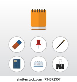 Flat Icon Stationery Set Of Pushpin, Rubber, Paper Clip And Other Vector Objects. Also Includes Pointer, Calendar, Date Elements.
