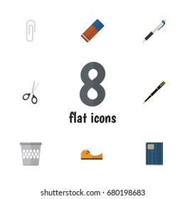 Flat Icon Stationery Set Of Rubber, Duct, Pencil And Other Vector Objects. Also Includes Scissors, Clippers, Pencil Elements.