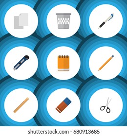 Flat Icon Stationery Set Of Rubber, Trashcan, Sheets And Other Vector Objects. Also Includes Blank, Basket, Tool Elements.