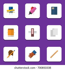 Flat Icon Stationery Set Of Rubber, Copybook, Marker And Other Vector Objects. Also Includes Measure, Delete, Straightedge Elements.