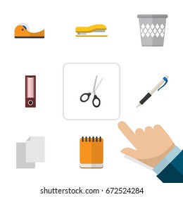 Flat Icon Stationery Set Of Sheets, Clippers, Trashcan And Other Vector Objects. Also Includes Scissors, Binder, Supplies Elements.