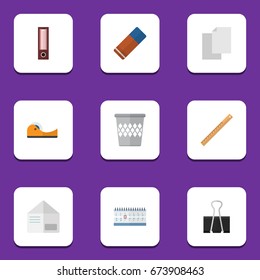 Flat Icon Stationery Set Of Sheets, Letter, Paper Clip And Other Vector Objects. Also Includes Blank, Date, Rubber Elements.