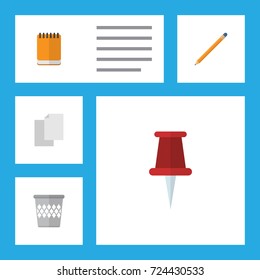 Flat Icon Stationery Set Of Sheets, Drawing Tool, Pushpin And Other Vector Objects. Also Includes Pointer, Trashcan, Basket Elements.