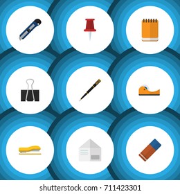 Flat Icon Stationery Set Of Sticky, Paper Clip, Supplies And Other Vector Objects. Also Includes Memo, Nib, Sticky Elements.