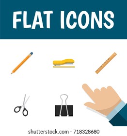 Flat Icon Stationery Set Of Straightedge, Clippers, Drawing Tool And Other Vector Objects. Also Includes Straightedge, Scissors, Ruler Elements.