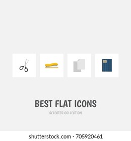 Flat Icon Stationery Set Of Supplies, Sheets, Clippers And Other Vector Objects. Also Includes Notebook, Scissors, Copybook Elements.