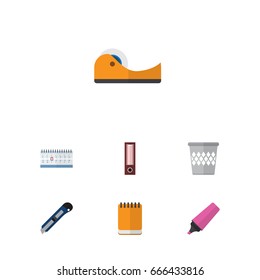 Flat Icon Stationery Set Of Trashcan, Notepaper, Dossier And Other Vector Objects. Also Includes Cutter, Notepaper, Blade Elements.