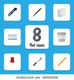 Flat Icon Stationery Set Of Trashcan, Drawing Tool, Pushpin And Other Vector Objects. Also Includes Almanac, Pointer, Pin Elements.