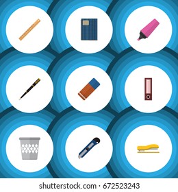 Flat Icon Stationery Set Of Trashcan, Copybook, Supplies And Other Vector Objects. Also Includes Delete, Nib, Notepad Elements.