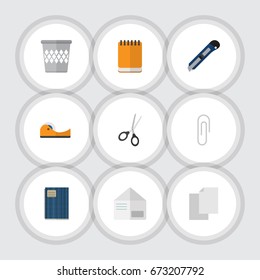 Flat Icon Stationery Set Of Trashcan, Copybook, Letter And Other Vector Objects. Also Includes Notepad, Tape, Blade Elements.