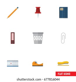 Flat Icon Stationery Set Of Trashcan, Dossier, Fastener Page And Other Vector Objects. Also Includes Dossier, Calendar, Almanac Elements.