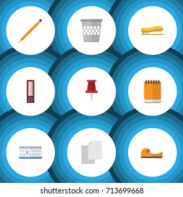 Flat Icon Stationery Set Of Trashcan, Pushpin, Sheets And Other Vector Objects. Also Includes Drawing, Notepad, Folder Elements.