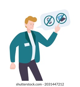 Flat icon with steward telling about ban on gadgets during flight vector illustration
