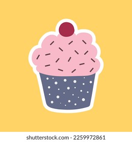 Flat icon sticker fruit muffin isolated on yellow background. Vector illustration.