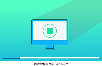 Flat icon stop button in song audio video media player program on screen computer morniter for website or mobile application in minimal style and Technology Concept, Vector in green and blue tone