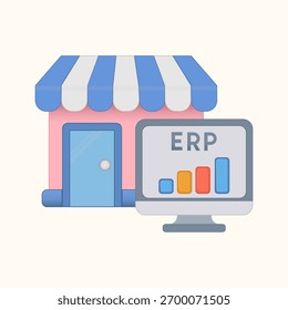 Flat icon of store with ERP system concept, representing business management and software solutions. Perfect for web, app, and business design. Vector.